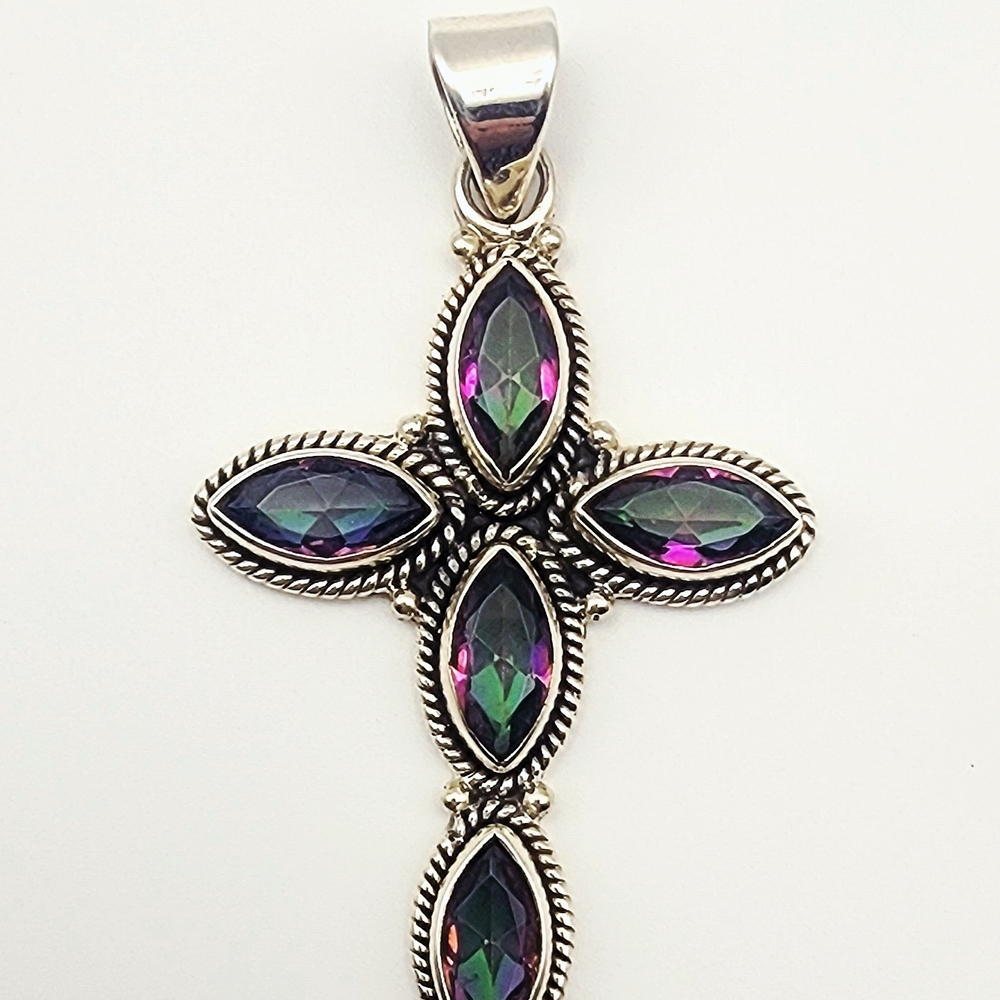 Mystic Topaz Solid Sterling Silver Cross Pendant